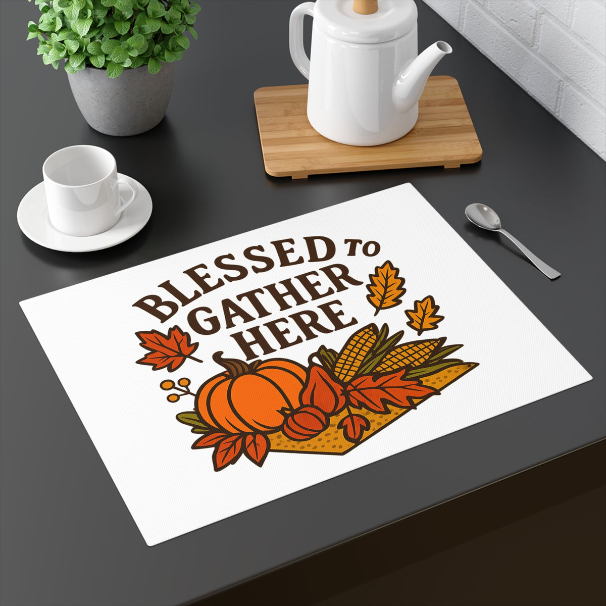 Blessed to Gather Here Thanksgiving Placemat | Autumn Leaves Harvest Table Decor | Farmhouse Holiday Placemats Set | Grateful