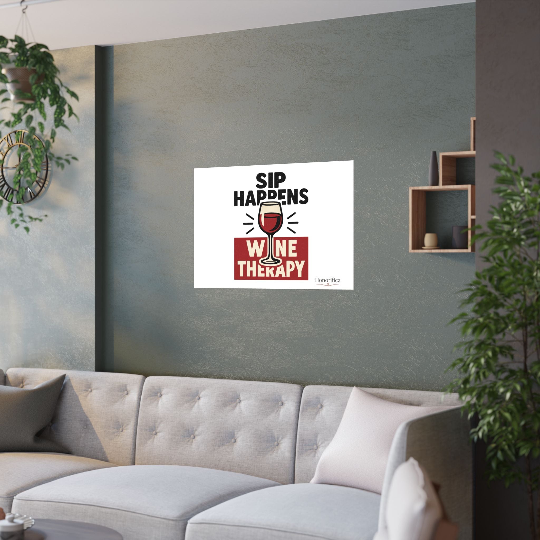 Sip Happens Wine Therapy Poster, Funny Wine Wall Art, Wine Lover Gift, Housewarming Gift for Women, Wine Decor Kitchen Bar Art
