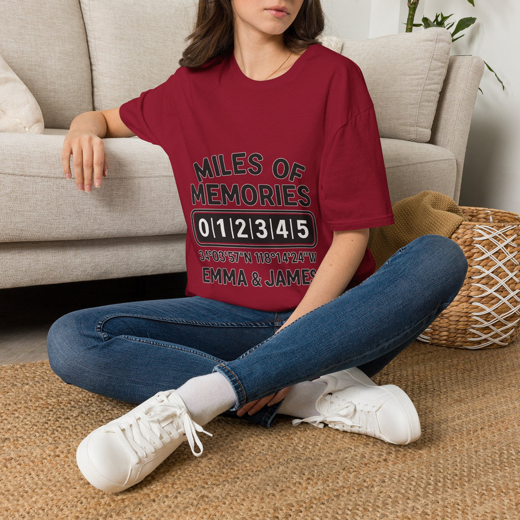 Personalized Anniversary Shirt for Couples | Miles of Memories Custom Odometer Tee | Romantic Travel Gift with Coordinates & Names