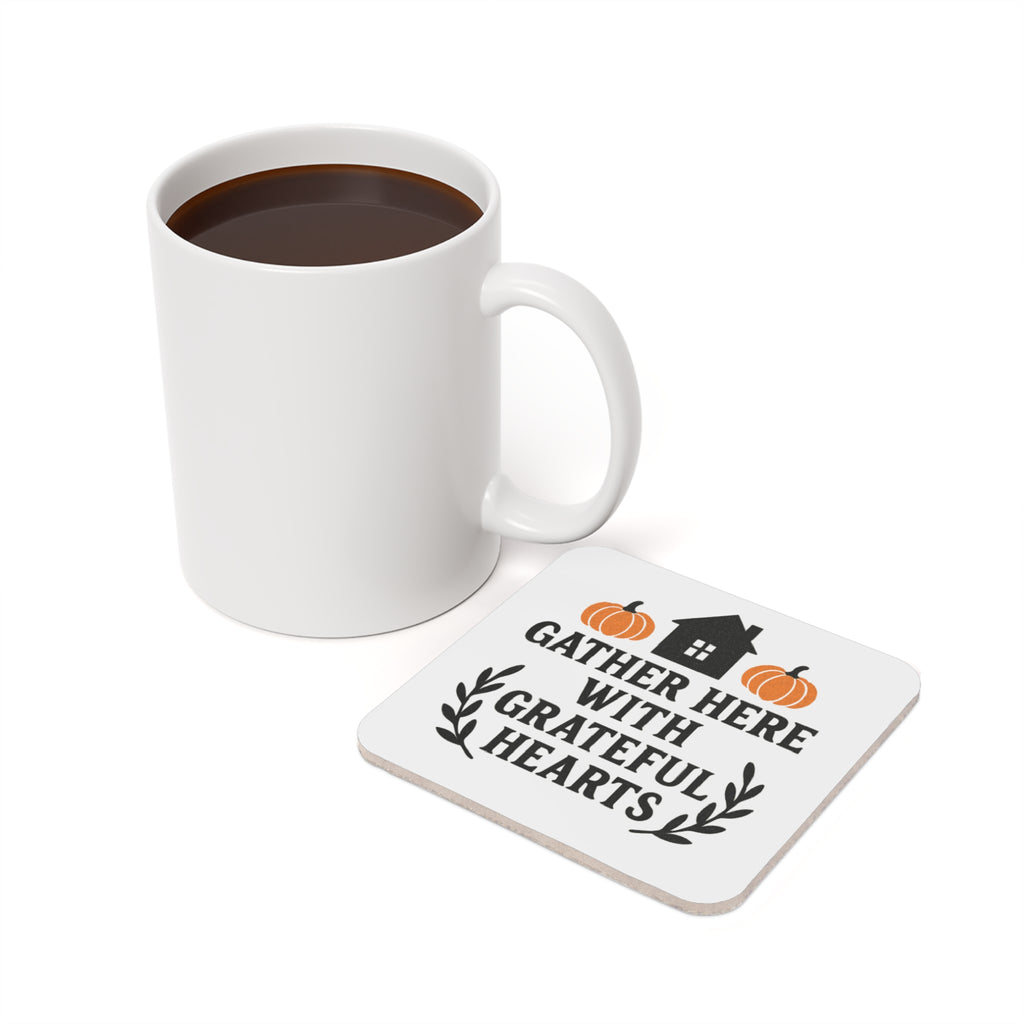 Gather Here With Grateful Hearts Coaster Set, Farmhouse Housewarming Gift, Rustic Fall Decor, Hostess Gift for Women, Cork Coasters