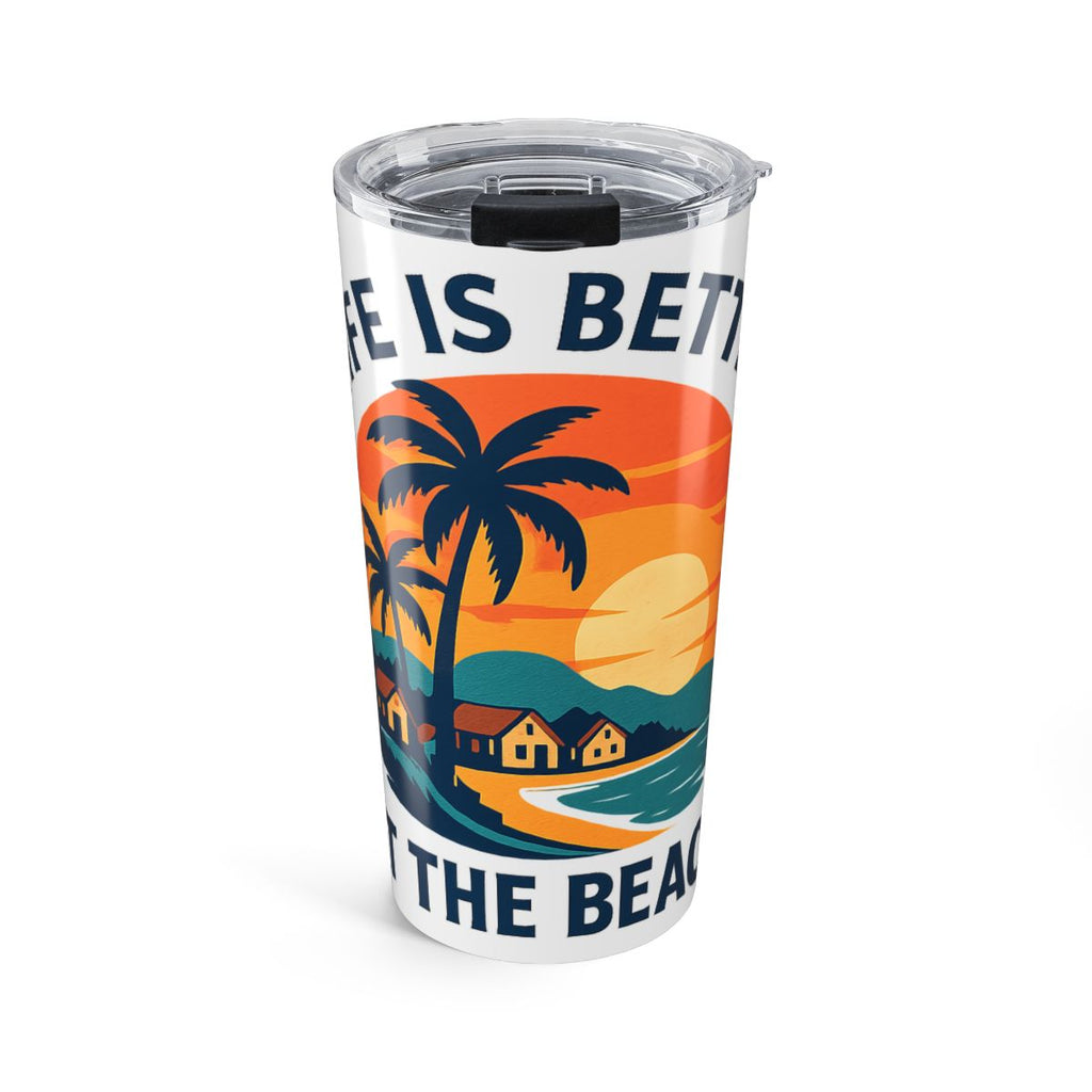 Beach Town Sunset Tumbler | Life Is Better at the Beach | Coastal Ocean Lover Gift | Watercolor Palm Tree Travel Mug | Beach House