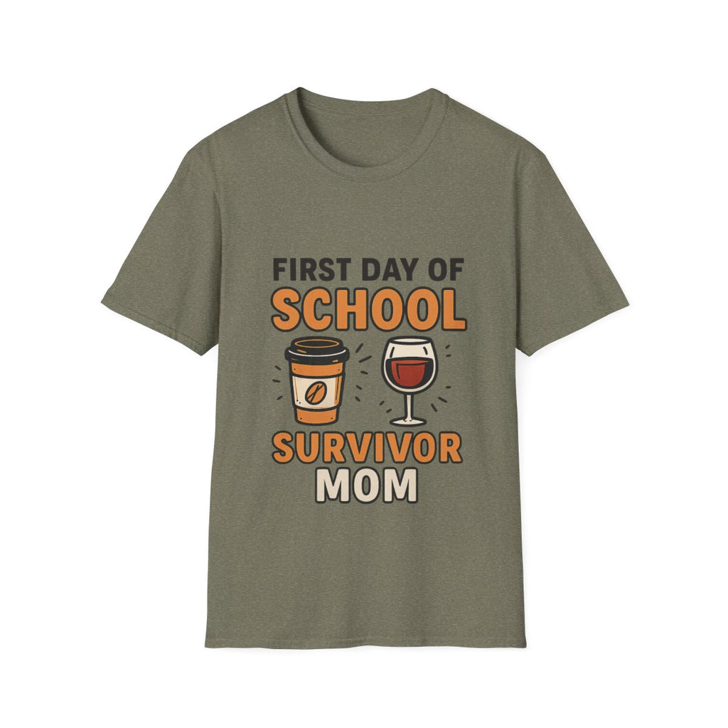 First Day of School Survivor Mom T-Shirt, Funny Back to School Mom Shirt, Coffee and Wine Mom Tee, Chaotic School Mom Gift
