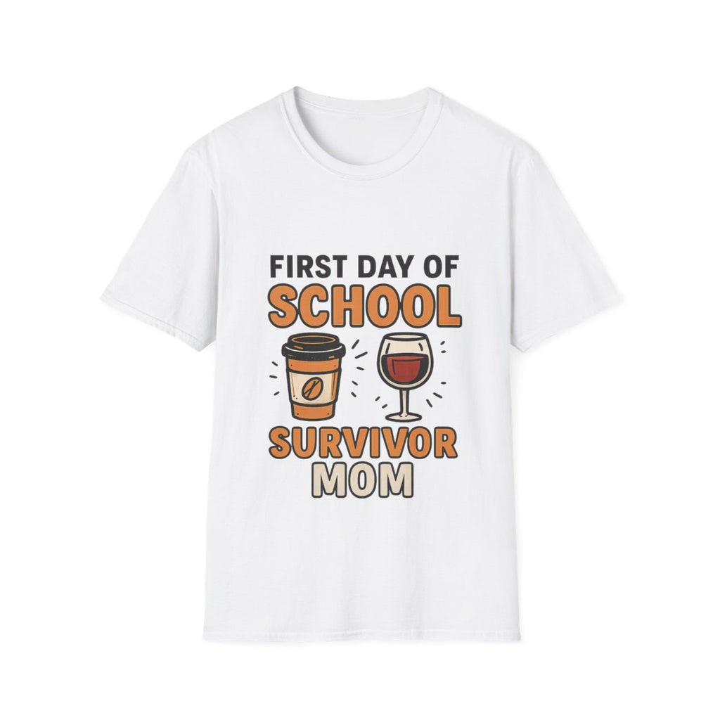 First Day of School Survivor Mom T-Shirt, Funny Back to School Mom Shirt, Coffee and Wine Mom Tee, Chaotic School Mom Gift