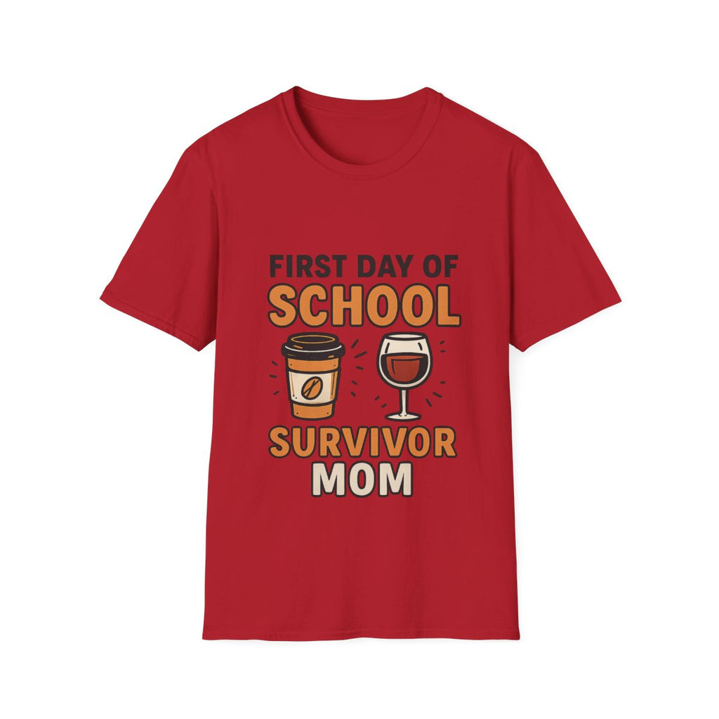 First Day of School Survivor Mom T-Shirt, Funny Back to School Mom Shirt, Coffee and Wine Mom Tee, Chaotic School Mom Gift