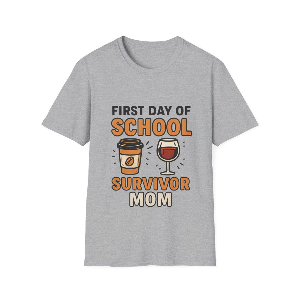 First Day of School Survivor Mom T-Shirt, Funny Back to School Mom Shirt, Coffee and Wine Mom Tee, Chaotic School Mom Gift
