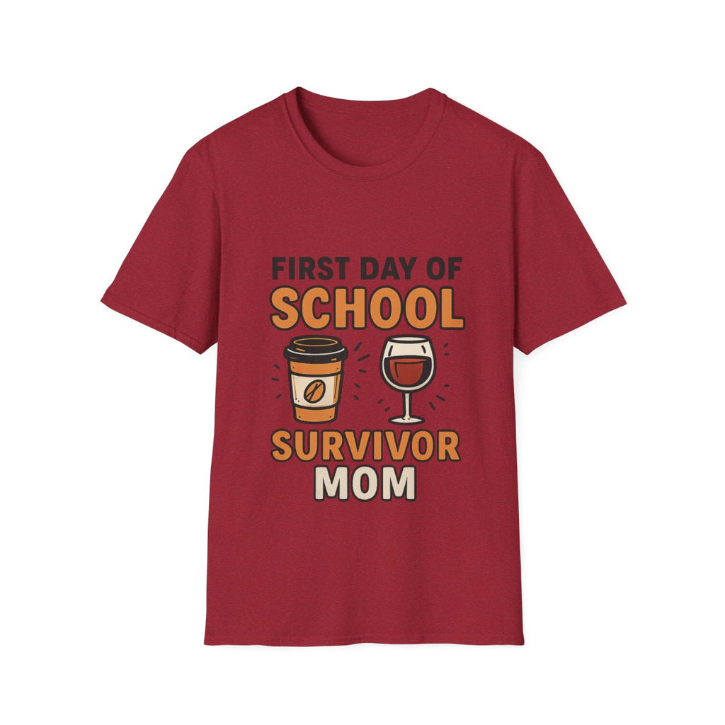 First Day of School Survivor Mom T-Shirt, Funny Back to School Mom Shirt, Coffee and Wine Mom Tee, Chaotic School Mom Gift