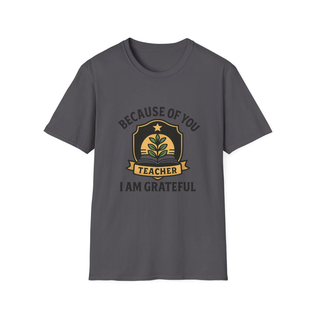 Teacher Appreciation Shirt, Because of You I Am Grateful T-Shirt, Teacher Gift, Thank You Teacher Tee, End of Year Gift
