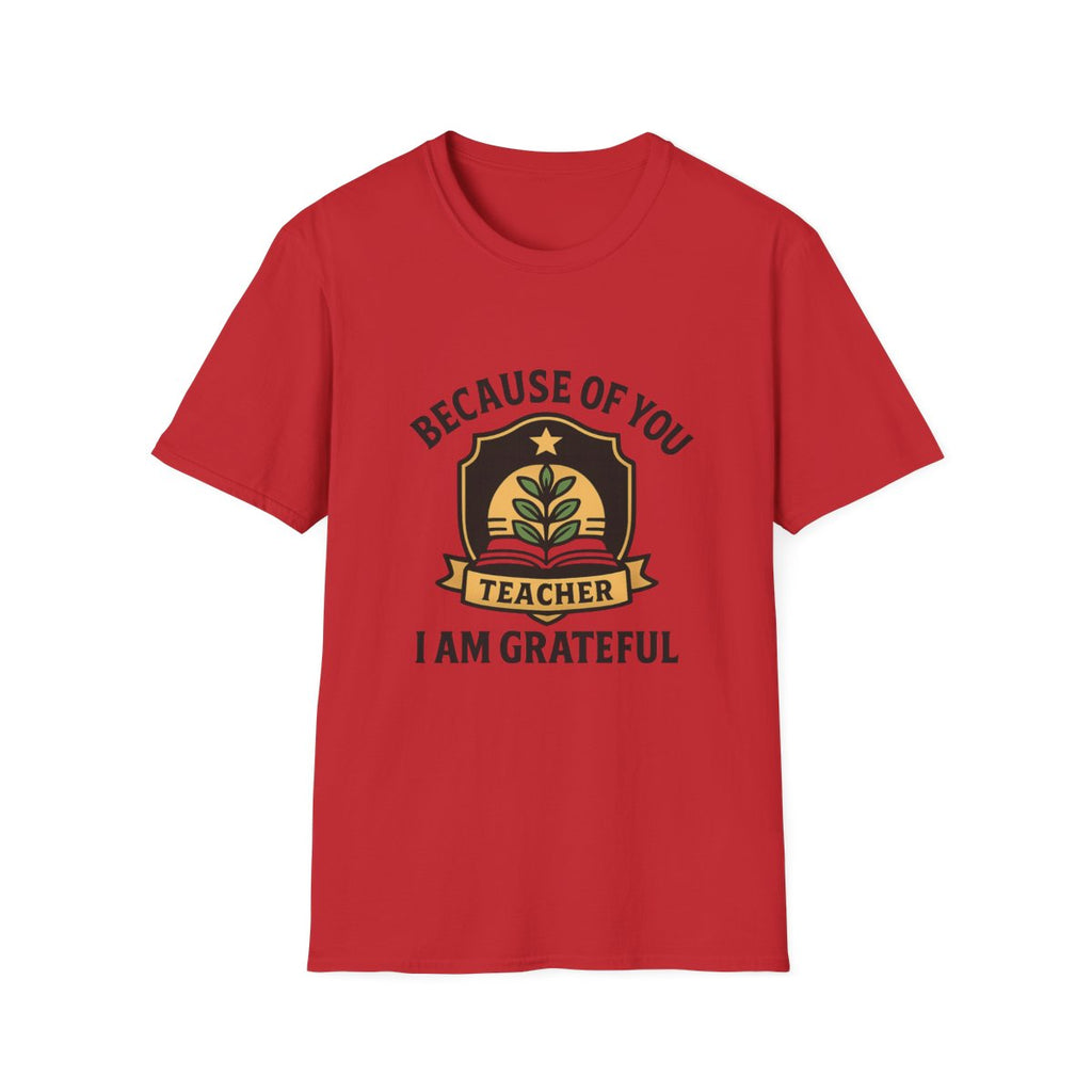 Teacher Appreciation Shirt, Because of You I Am Grateful T-Shirt, Teacher Gift, Thank You Teacher Tee, End of Year Gift